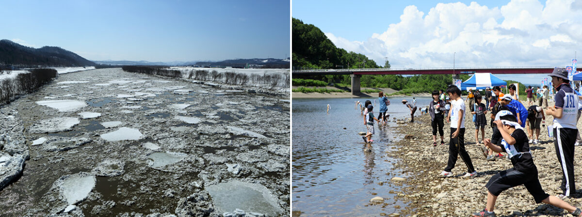 左）誉大橋から上流方向（冬季）　右）天塩川de水切り大会（佐久橋上流）